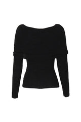 Cozy Draped Twist Knot Folded Off Shoulder Long Sleeve Ribbed Knit Sweater