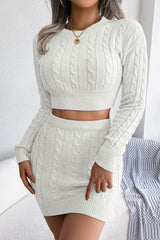 Cozy Fitted Winter Cable Knit Crop Sweater Two Piece Dress - White