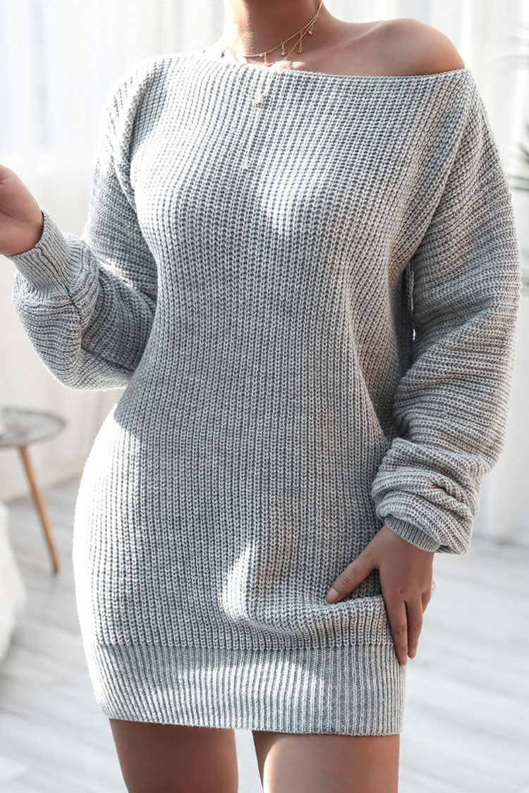 Cozy Winter Boat Neck Long Sleeve Textured Sweater Mini Dress - Gray