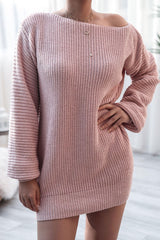 Cozy Winter Boat Neck Long Sleeve Textured Sweater Mini Dress - Pink