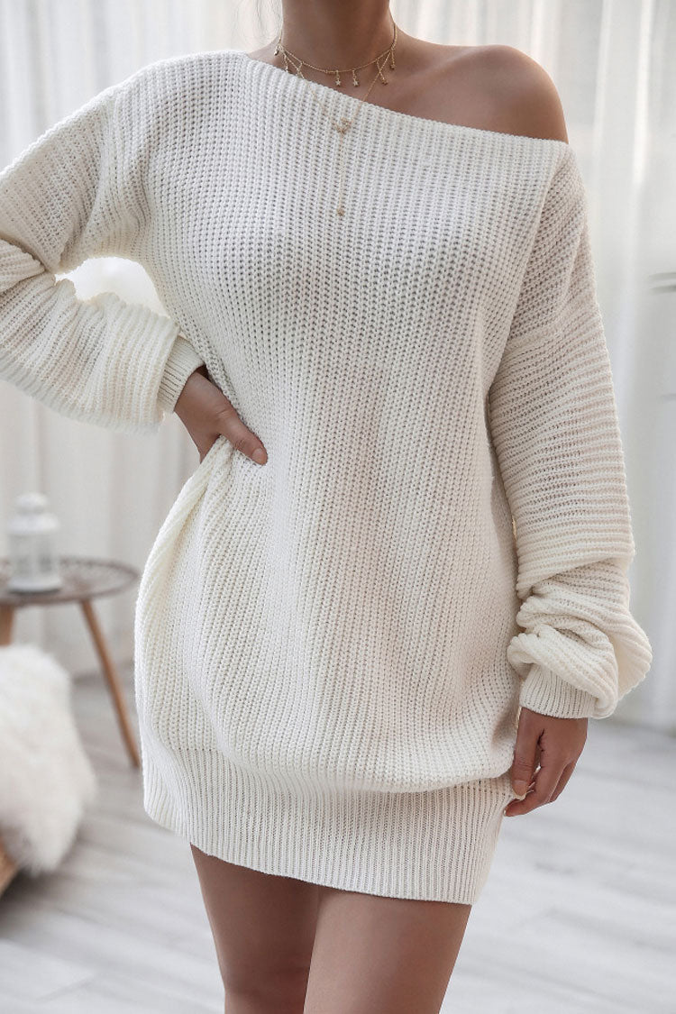 Cozy Winter Boat Neck Long Sleeve Textured Sweater Mini Dress - White