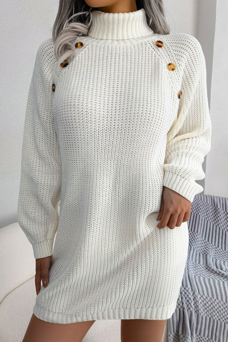 Cozy Winter Button Trim Ribbed Turtleneck Sweater Mini Dress - White