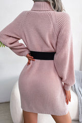 Cozy Winter Button Trim Ribbed Turtleneck Sweater Mini Dress - Pink