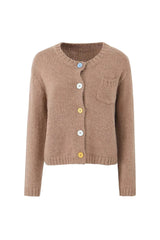 Cute Multicolor Button Up Round Neck Patch Pocket Long Sleeve Cardigan