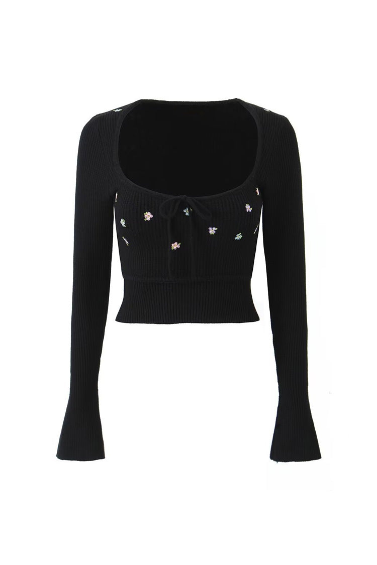 Cute Tie Neck Floral Embroidery Long Sleeve Crop Ribbed Knit Sweater