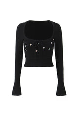 Cute Tie Neck Floral Embroidery Long Sleeve Crop Ribbed Knit Sweater