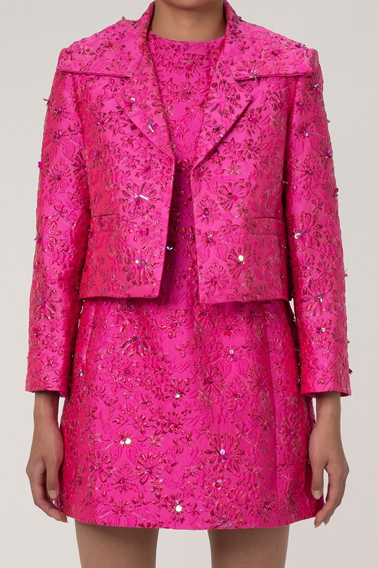 Dazzling Sequin Lurex Jacquard Floral Big Collar 3/4 Sleeve Crop Blazer