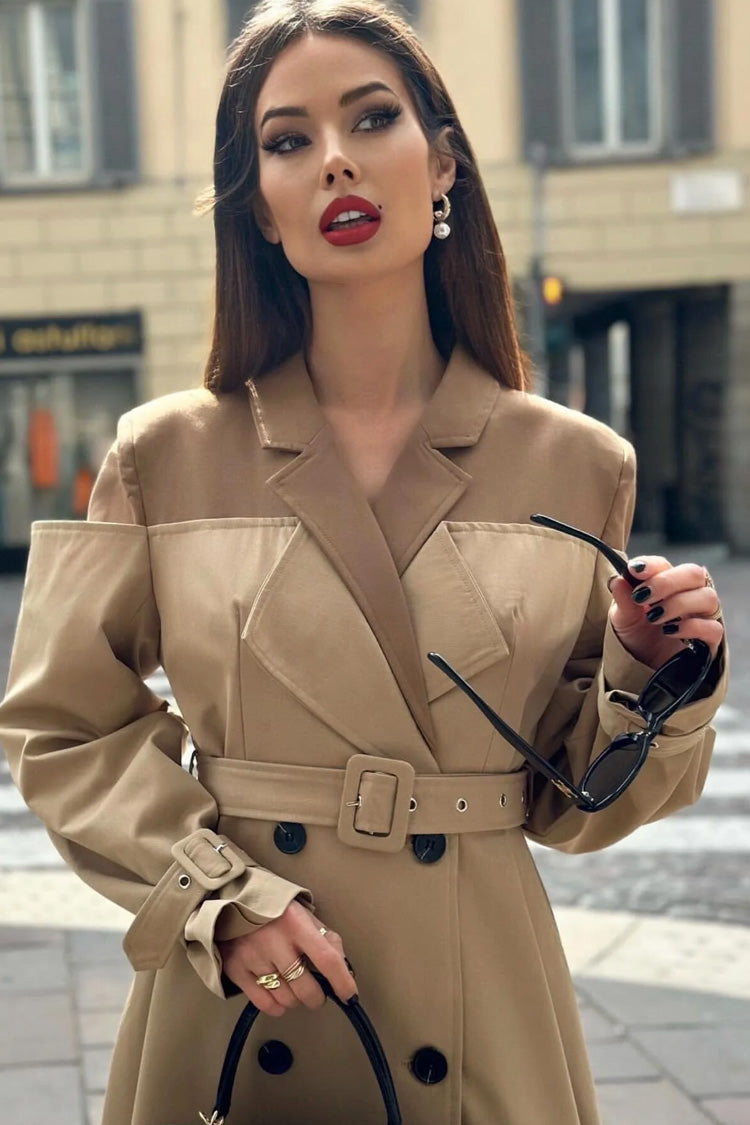 Deconstructed Hybrid Lapel Double Breasted Cinch Waist Belted Trench Coat