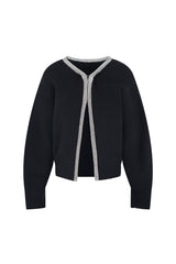 Elegant Bicolor Crystal Collar Long Sleeve Ribbed Knit Wool Blend Cardigan