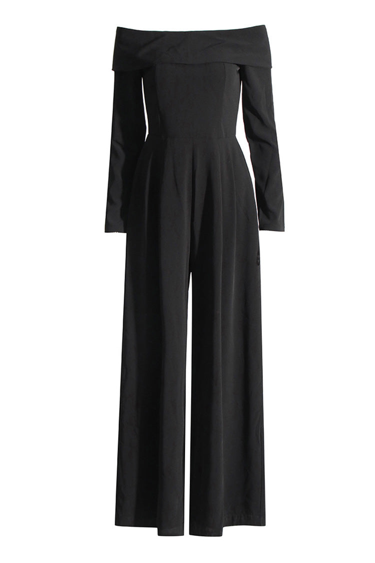 Elegant Folded Off Shoulder Long Sleeve Bow Tie Back Wide Leg Jumpsuit