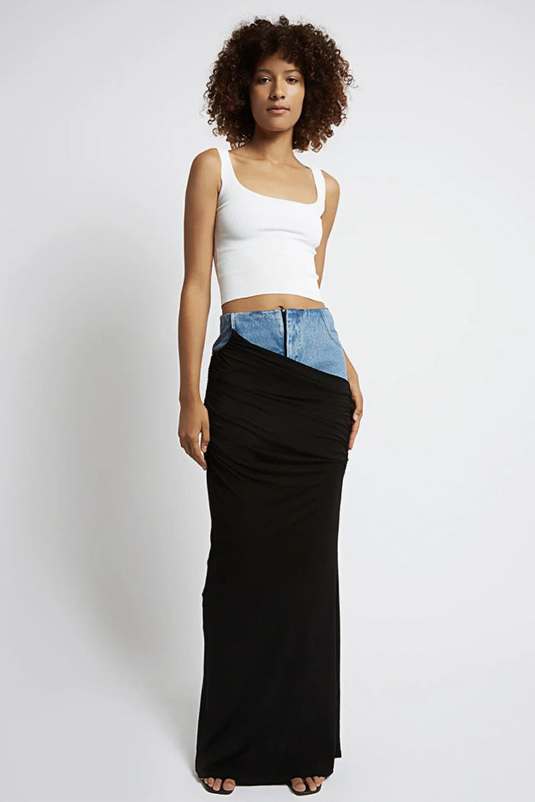 Elegant High Waist Drape Ruched Bodycon Hybrid Denim Maxi Skirt