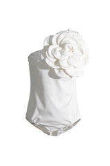 Elegant Monochrome Large 3D Rosette One Shoulder Sleeveless Bodysuit