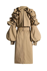 Elegant Puff Sleeve Button Front Belted Cinch Waist Ruffle Trench Coat