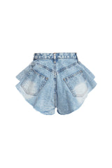 Fashionable Ruffled Flare Leg High Waist Faded Denim Micro Shorts