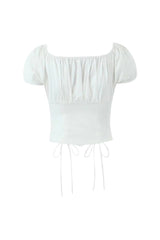 Flattering Square Neck Puff Sleeve Button Up Bow Tie Ruched Crop Top