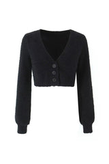 Fluffy Soft Solid Color V Neck Single Breasted Long Sleeve Cropped Cardigan