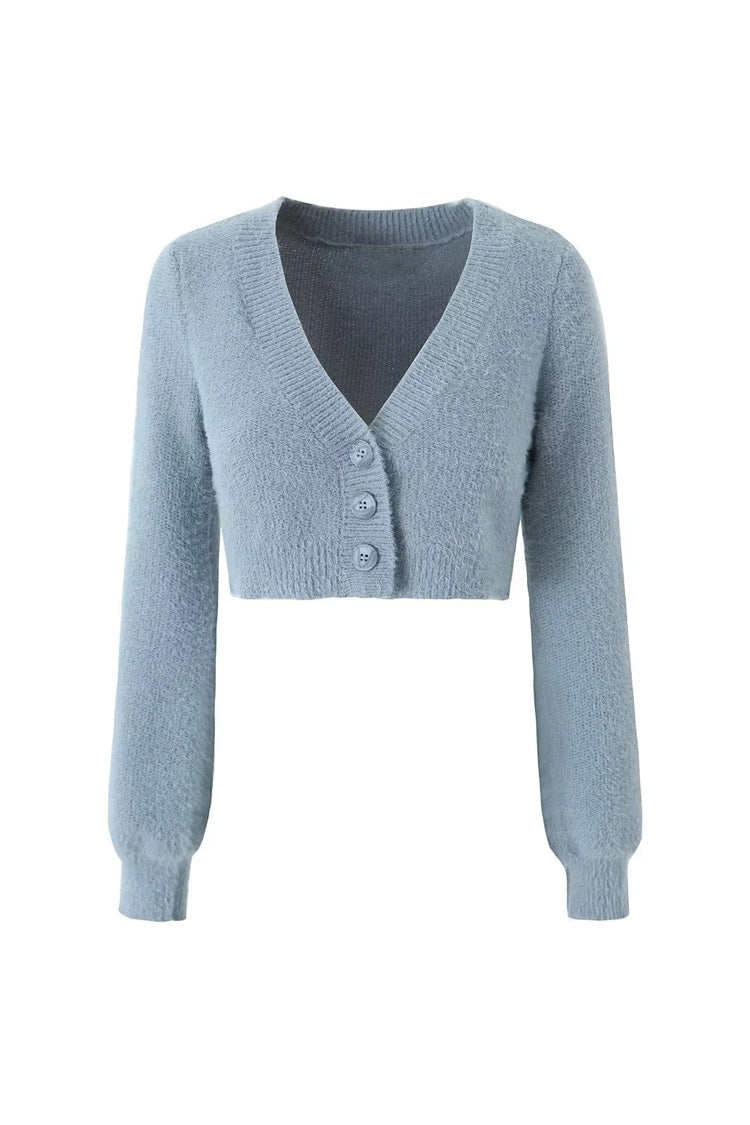 Fluffy Soft Solid Color V Neck Single Breasted Long Sleeve Cropped Cardigan