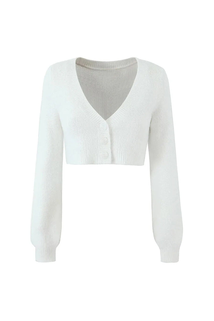 Fluffy Soft Solid Color V Neck Single Breasted Long Sleeve Cropped Cardigan