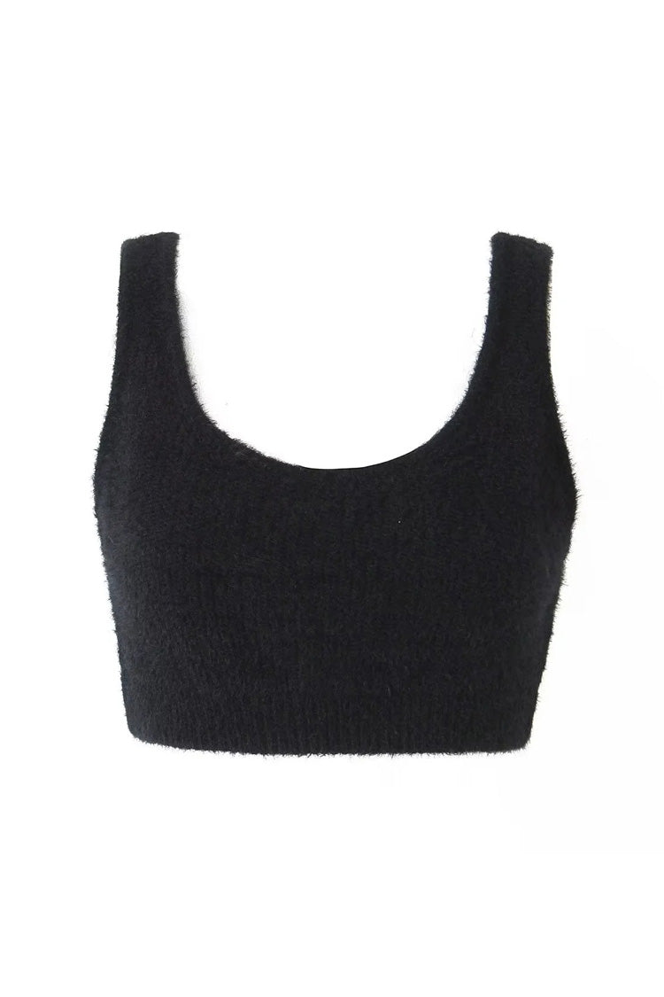 Fluffy Soft Solid Scoop Neck Open Back Ribbed Hem Sleeveless Crop Bra Top