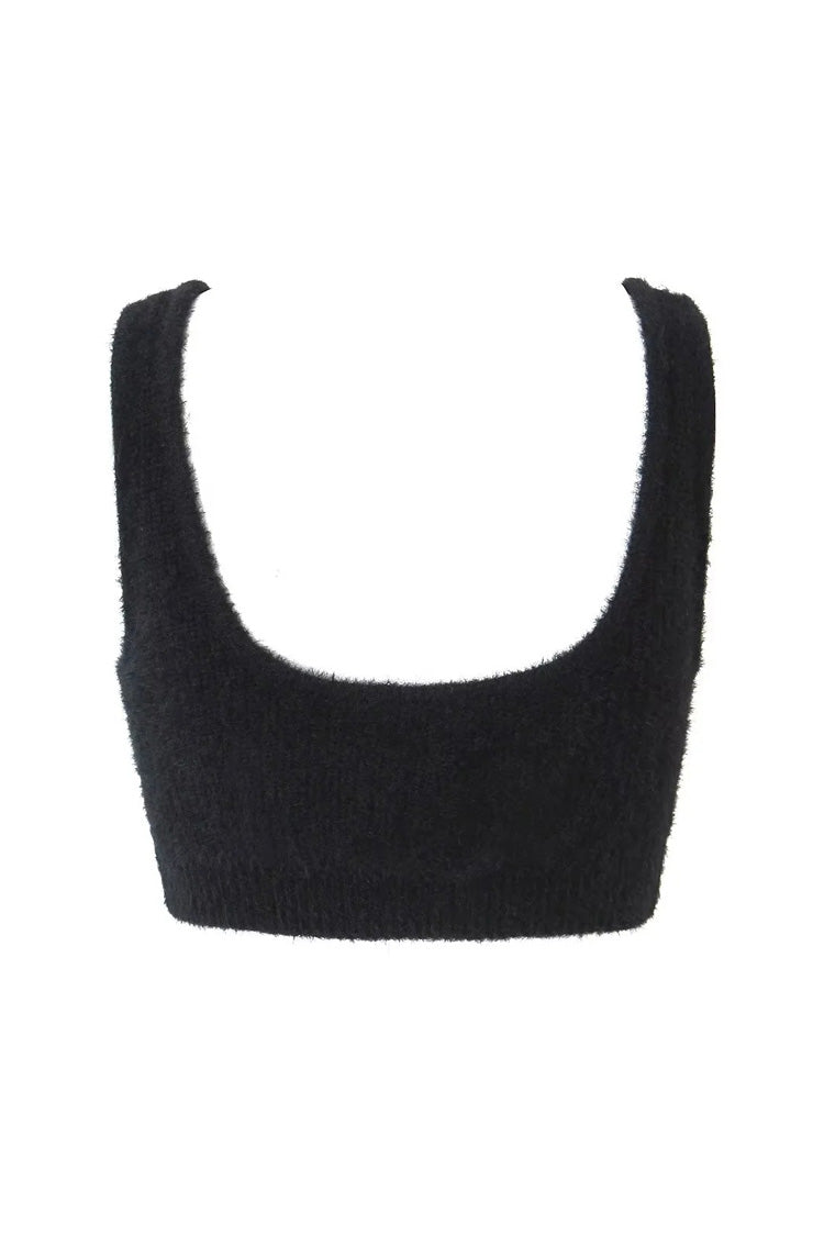 Fluffy Soft Solid Scoop Neck Open Back Ribbed Hem Sleeveless Crop Bra Top