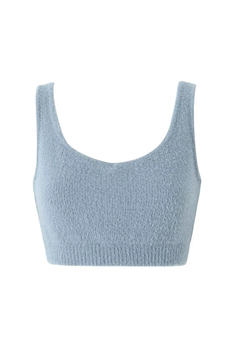 Fluffy Soft Solid Scoop Neck Open Back Ribbed Hem Sleeveless Crop Bra Top