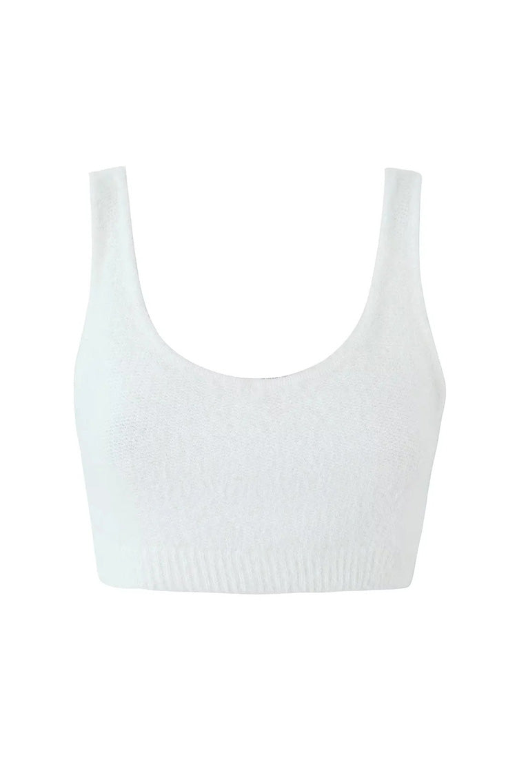 Fluffy Soft Solid Scoop Neck Open Back Ribbed Hem Sleeveless Crop Bra Top