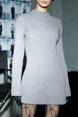 French Style Mock Neck Long Sleeve Chunky Rib Knit Winter Sweater Mini Dress - Gray