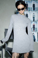 French Style Mock Neck Long Sleeve Chunky Rib Knit Winter Sweater Mini Dress - Gray