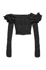 Glamorous Off Shoulder Rosette Trim Long Sleeve Ruched Cutout Crop Top