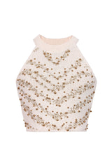 Glitter Lurex Bead Embellished Round Neck Sleeveless Crop Knit Top