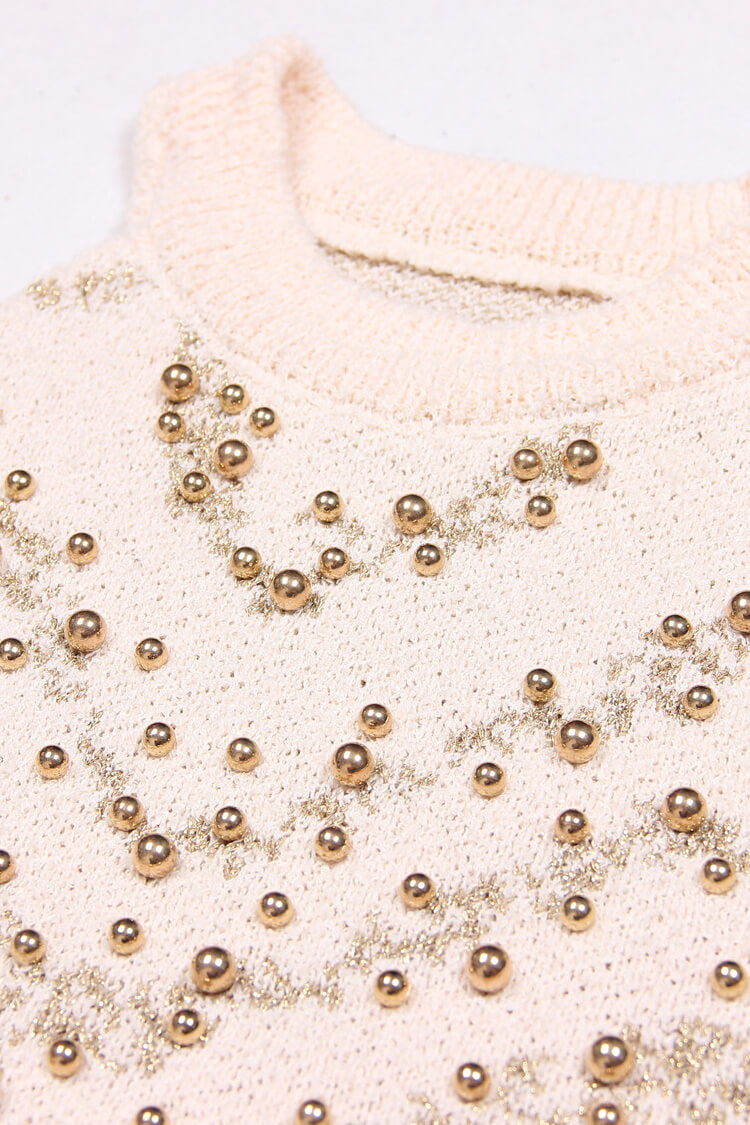 Glitter Lurex Bead Embellished Round Neck Sleeveless Crop Knit Top