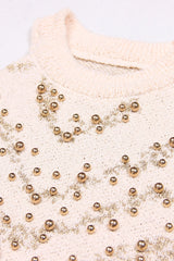 Glitter Lurex Bead Embellished Round Neck Sleeveless Crop Knit Top