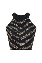 Glitter Lurex Bead Embellished Round Neck Sleeveless Crop Knit Top