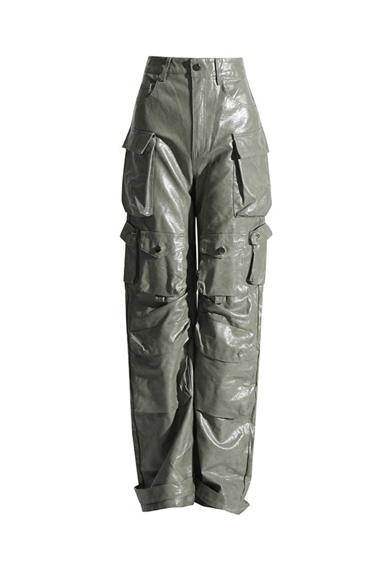 Glossy Mid Rise Wide Leg Cargo Pocket Full Length Draped Leather Pants