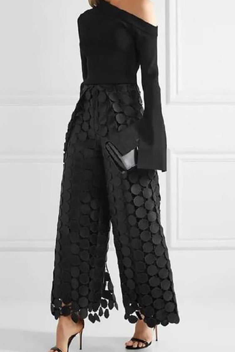 Graphic Circular Laser Cut Pleated High Waist Wide Leg Guipure Lace Pants