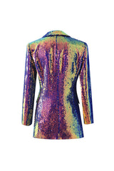 Iridescent Sequin Lapel Collar Long Sleeve Cinch Waist Metallic Party Blazer