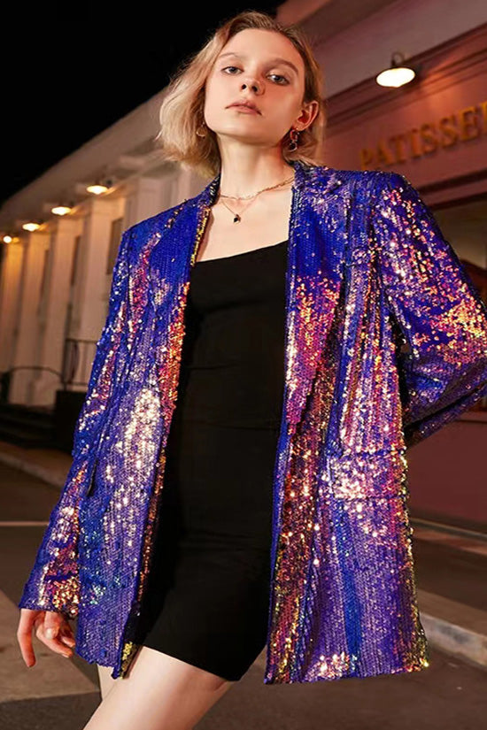 Iridescent Sequin Lapel Collar Long Sleeve Cinch Waist Metallic Party Blazer