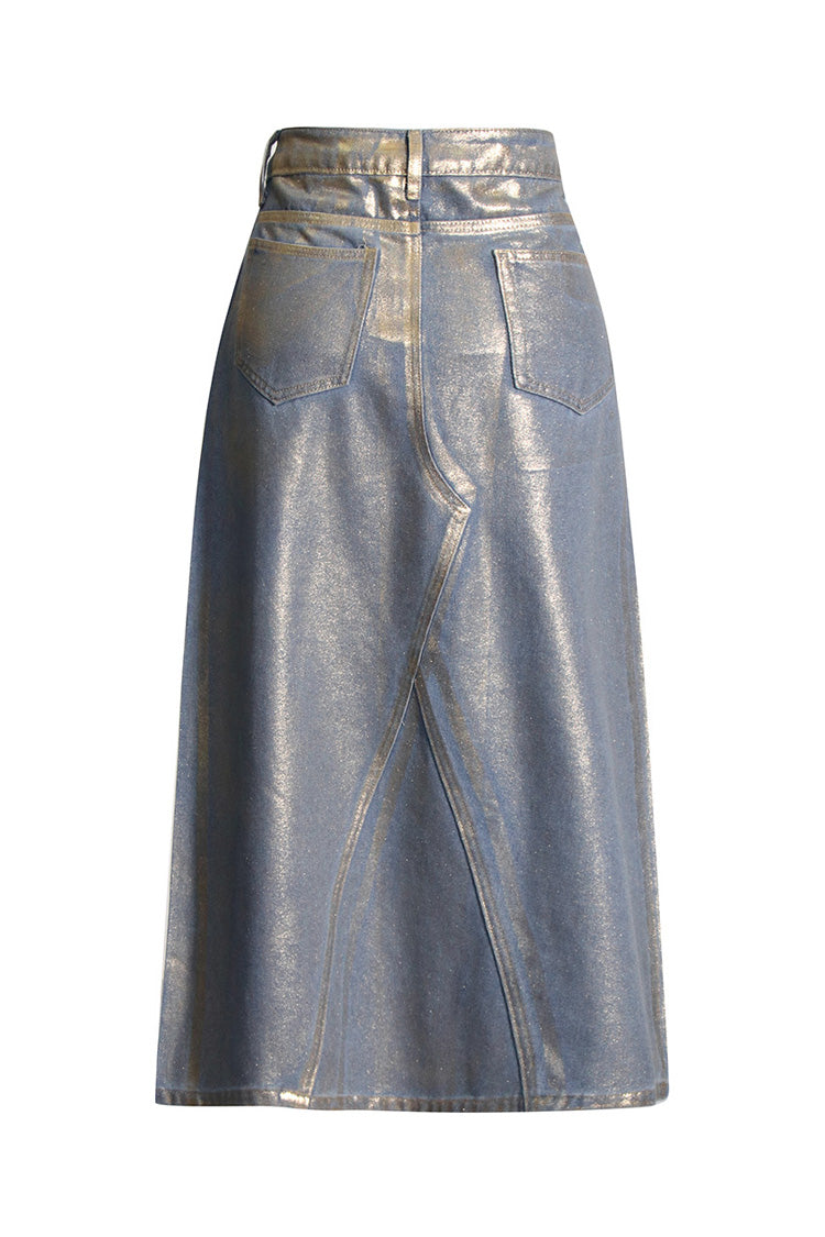 Lavish Gold Foil Light Wash High Waist Contrast A Line Midi Denim Skirt