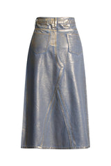 Lavish Gold Foil Light Wash High Waist Contrast A Line Midi Denim Skirt