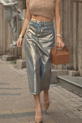 Lavish Gold Foil Light Wash High Waist Contrast A Line Midi Denim Skirt