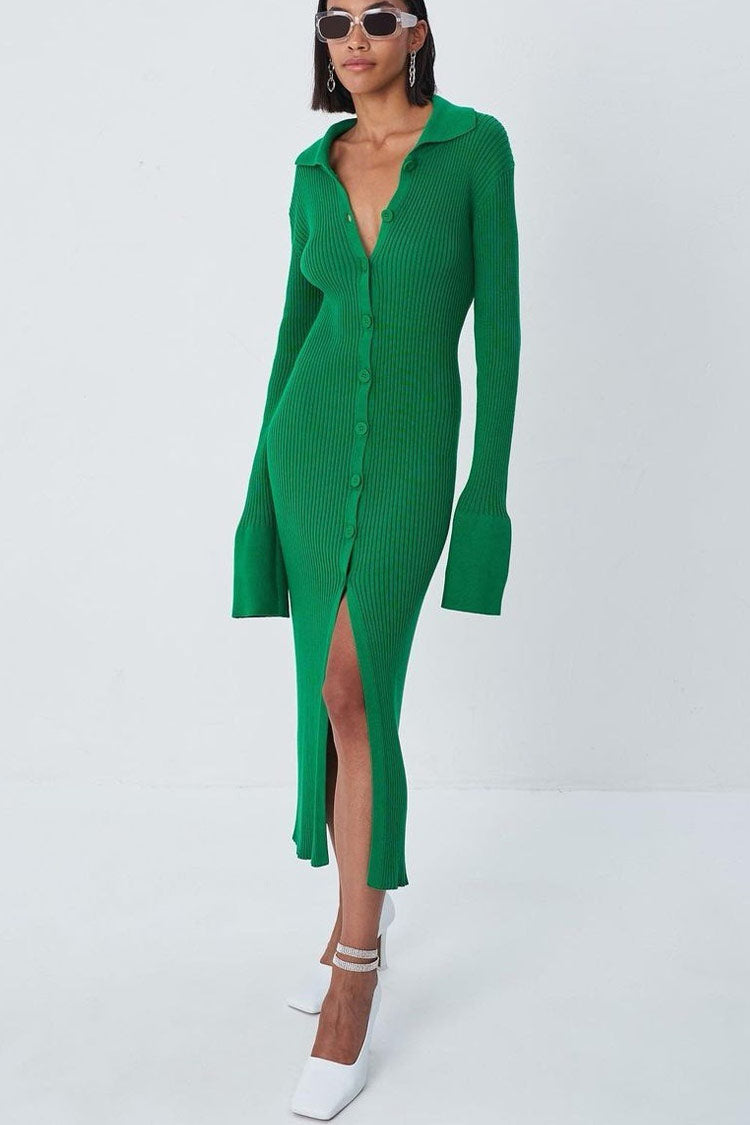 Long Sleeve Button Down Winter Sweater Maxi Dress - Emerald Green