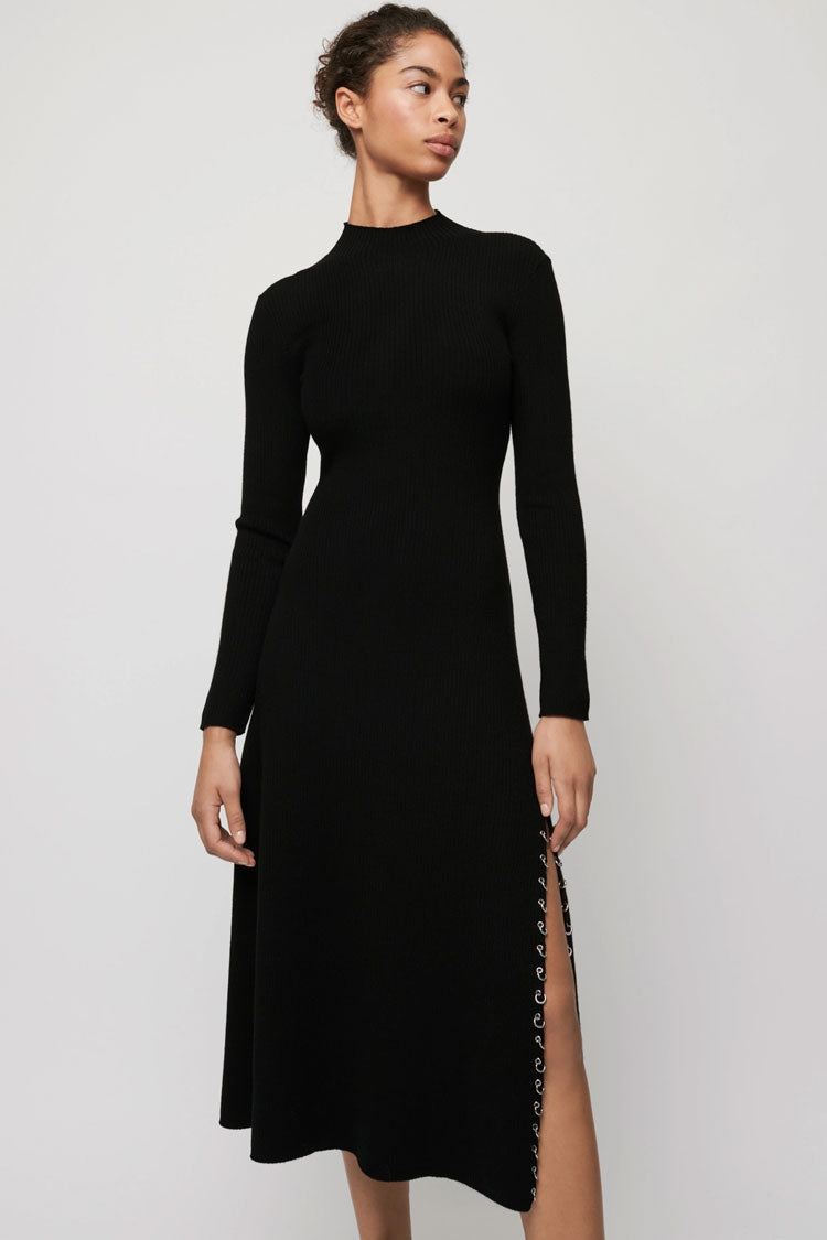 Long Sleeve High Neck High Slit Cashmere Sweater Midi Dress - Black