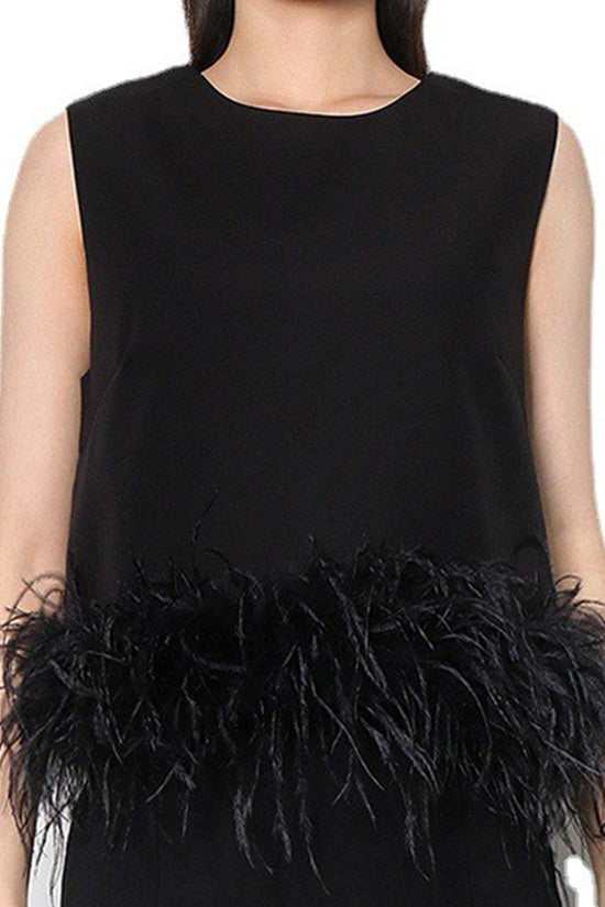 Luxury Crew Neck Imitated Feather Trim Summer Crepe Crop Tank Top