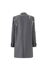 Luxury Crystal Lapel Shoulder Pad Long Sleeve Double Breasted Crepe Blazer