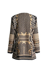 Luxury Faux Pearl Embellished Printed Plunge Shoulder Pad Party Blazer