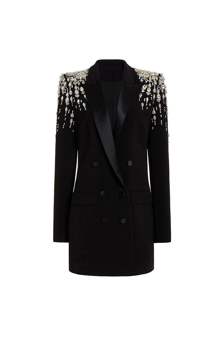 Luxury Lapel Long Sleeve Cinch Waist Double Breasted Crystal Party Blazer