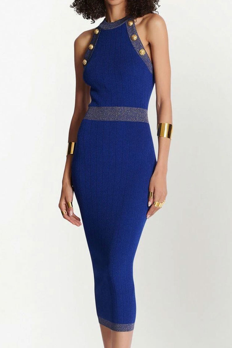 Military Metal Button Trim Sleeveless Sweater Midi Dress - Royal Blue