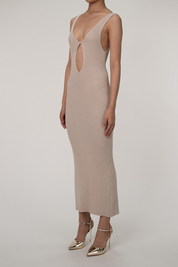 Minimalist Plunge Keyhole Cutout Ribbed Knit Sleeveless Sweater Midi Dress