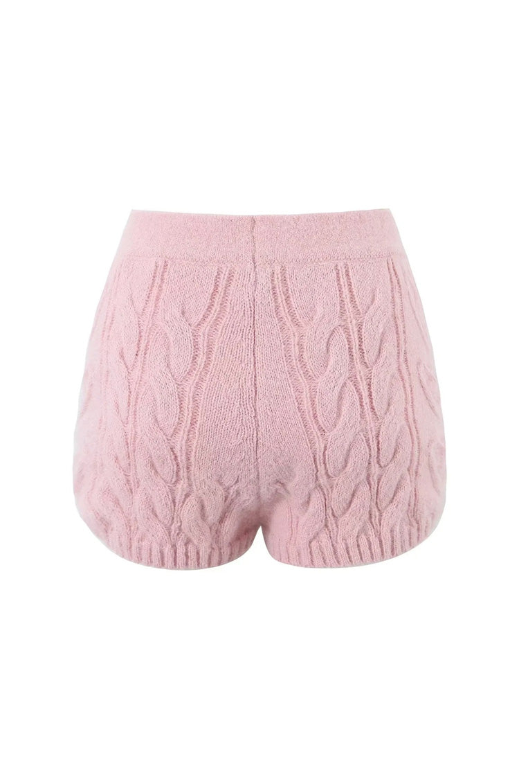 Minimalist Solid Color High Waist Ribbed Trim Cable Knit Shorts