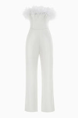 Opulent Feather Trim Strapless High Waist Wide Leg Bandage Jumpsuit